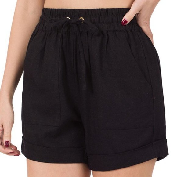 Zenana NWT Linen Drawstring Waist Shorts with Pockets in Light Olive - Picture 4 of 4